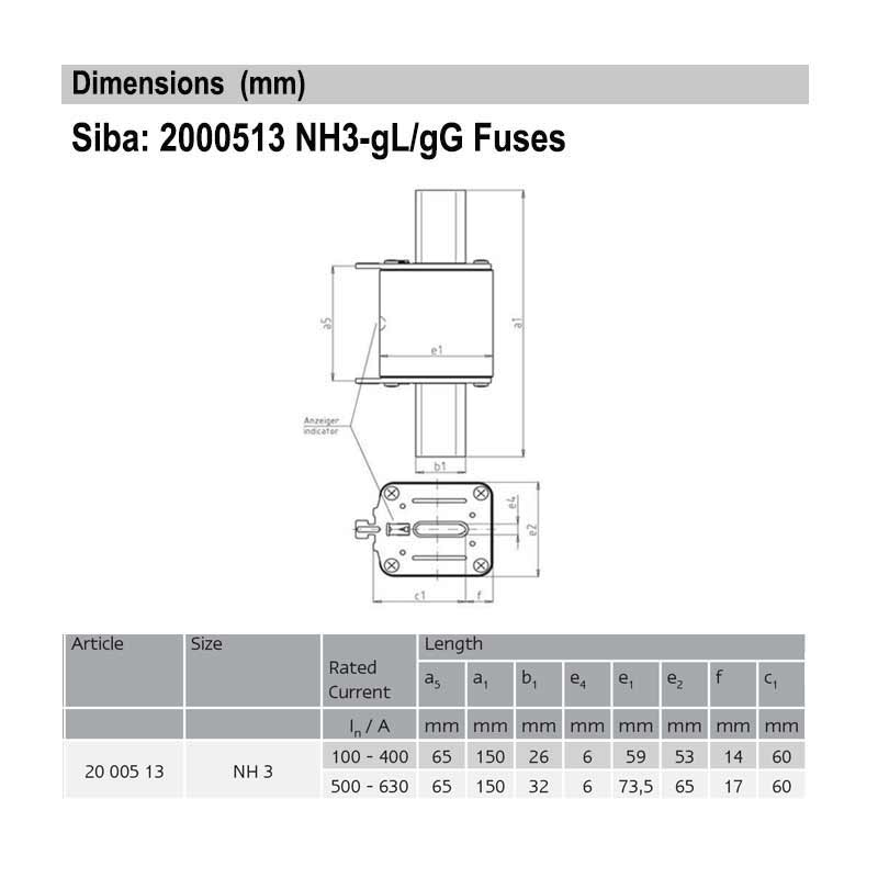 2000513.500A Siba DIN3/NH3 HRC Fuses
